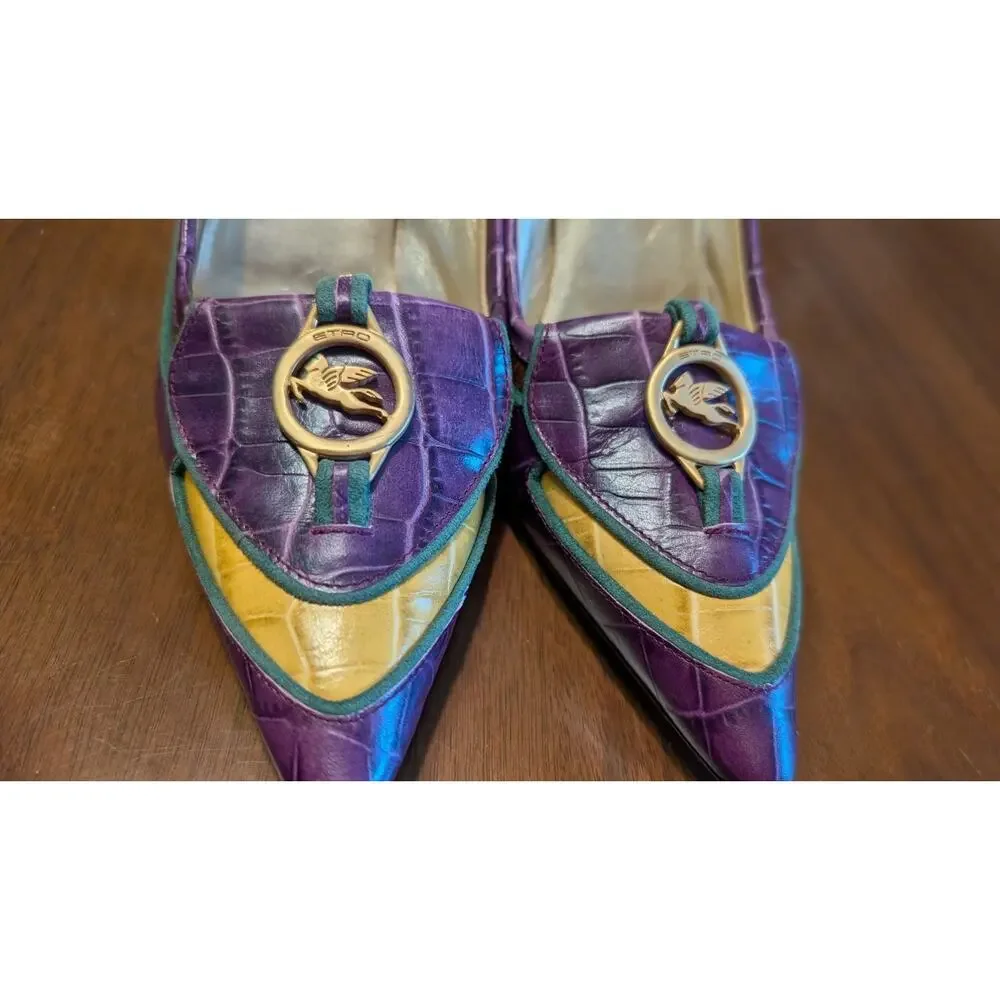 Etro Purple Leather‎ Logo Embossed Pointed Toe Pumps Heels Size 37 EUC